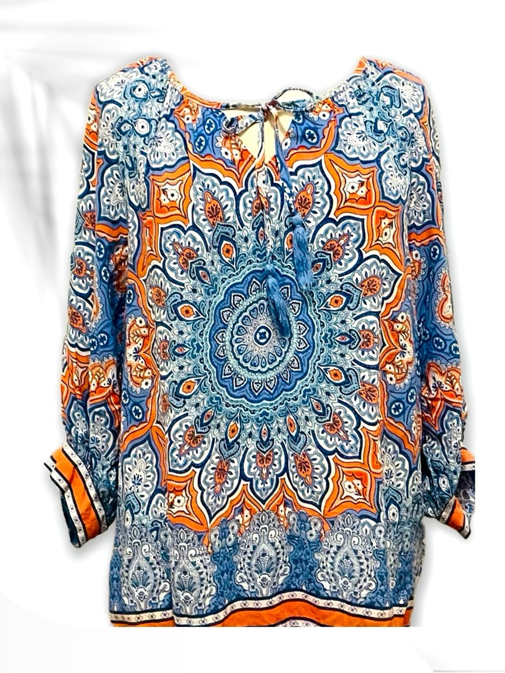 Ruby Rd. Blue & Orange Medallion Tie-Neck Tunic XL